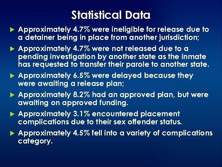 Statistical Data Approximately 4. 7% were ineligible for release due to a detainer being