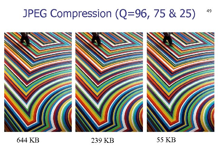 JPEG Compression (Q=96, 75 & 25) 644 KB 239 KB 55 KB 49 