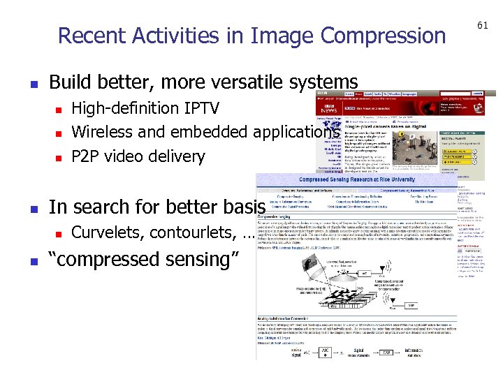 Recent Activities in Image Compression n Build better, more versatile systems n n In