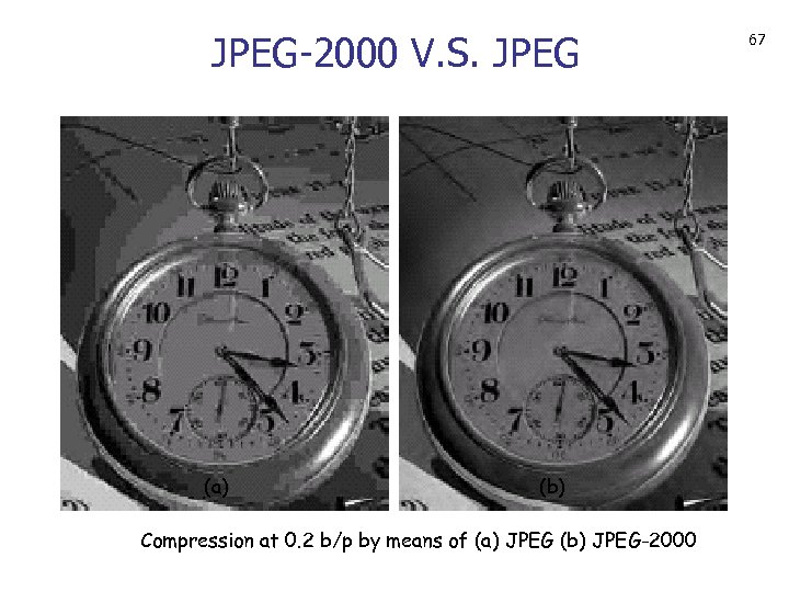 JPEG-2000 V. S. JPEG (a) (b) Compression at 0. 2 b/p by means of