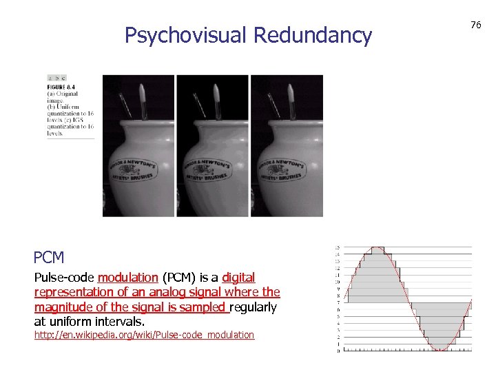 Psychovisual Redundancy PCM Pulse-code modulation (PCM) is a digital representation of an analog signal