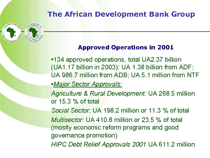 The African Development Bank Group Approved Operations in 2001 • 134 approved operations, total
