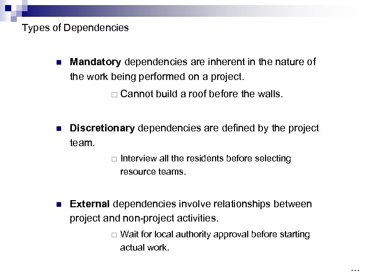 Types of Dependencies n Mandatory dependencies are inherent in the nature of the work
