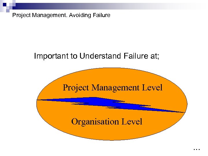 Project Management. Avoiding Failure Important to Understand Failure at; Project Management Level Organisation Level