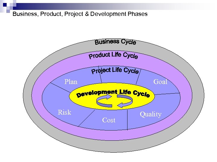 Business, Product, Project & Development Phases Plan Risk Goal Cost Quality 