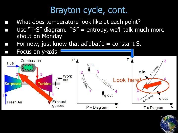 Brayton cycle, cont. n n What does temperature look like at each point? Use