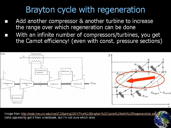 Brayton cycle with regeneration n n Add another compressor & another turbine to increase