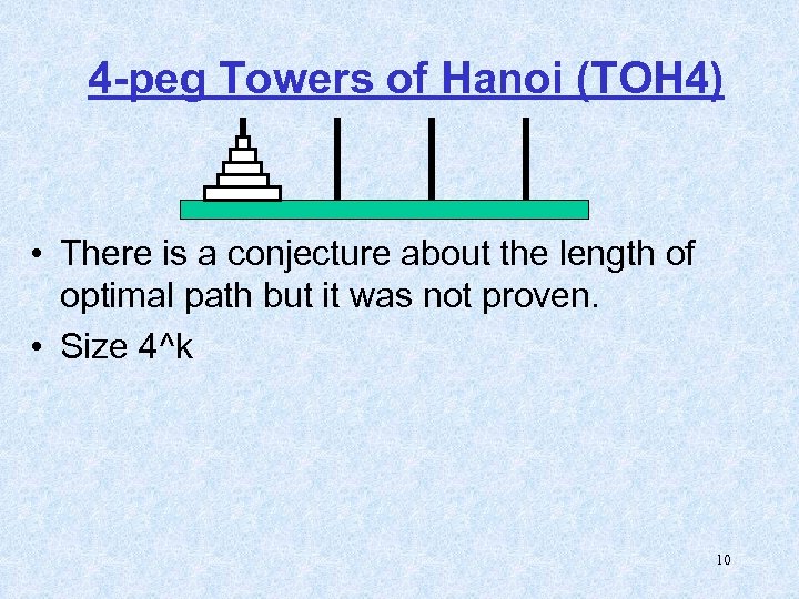 4 -peg Towers of Hanoi (TOH 4) • There is a conjecture about the