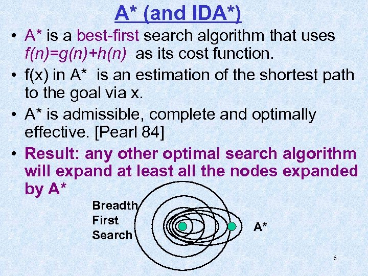 A* (and IDA*) • A* is a best-first search algorithm that uses f(n)=g(n)+h(n) as
