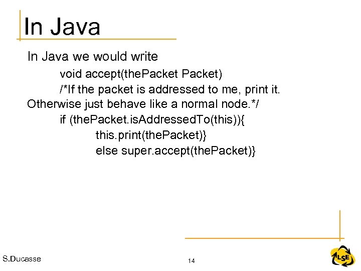 In Java we would write void accept(the. Packet) /*If the packet is addressed to