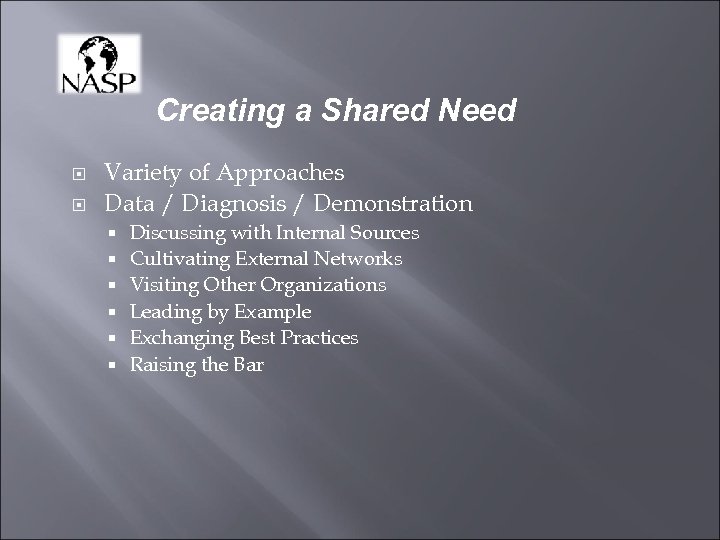 Creating a Shared Need Variety of Approaches Data / Diagnosis / Demonstration Discussing with