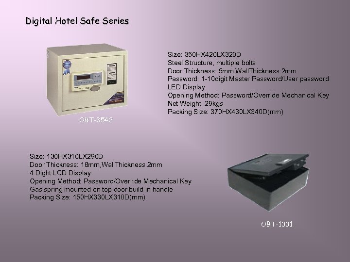 Digital Hotel Safe Series OBT-3542 Size: 350 HX 420 LX 320 D Steel Structure,