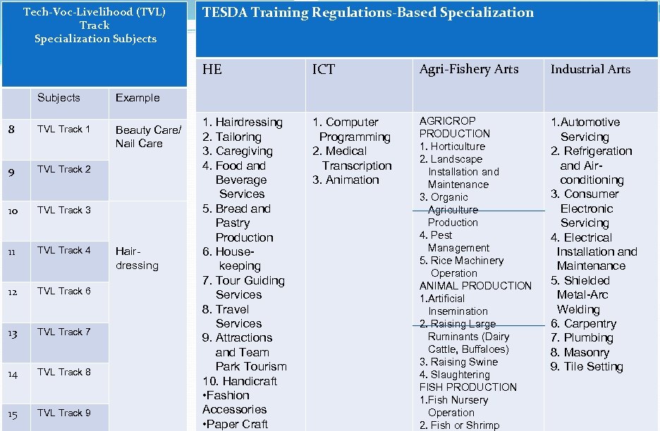 Tech-Voc-Livelihood (TVL) Track Specialization Subjects TESDA Training Regulations-Based Specialization HE Subjects TVL Track 1