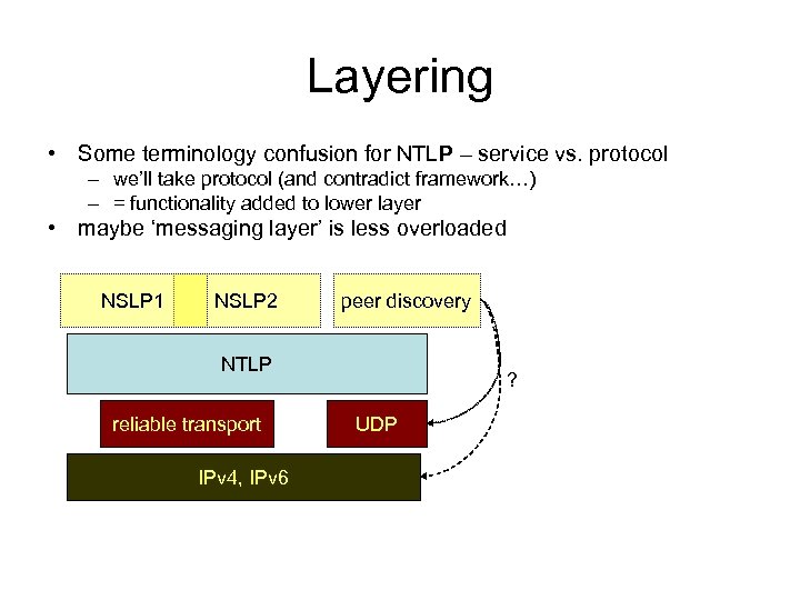 Layering • Some terminology confusion for NTLP – service vs. protocol – we’ll take