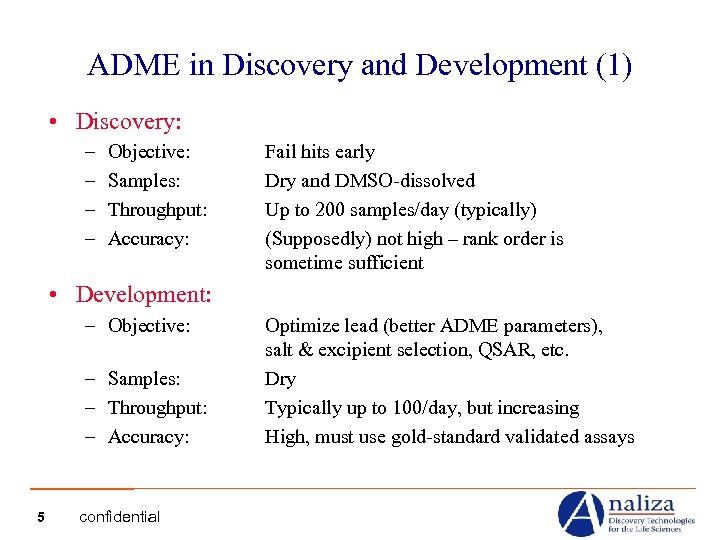 ADME in Discovery and Development (1) • Discovery: – – Objective: Samples: Throughput: Accuracy: