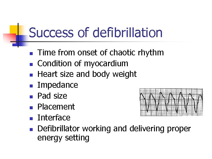 Success of defibrillation n n n n Time from onset of chaotic rhythm Condition