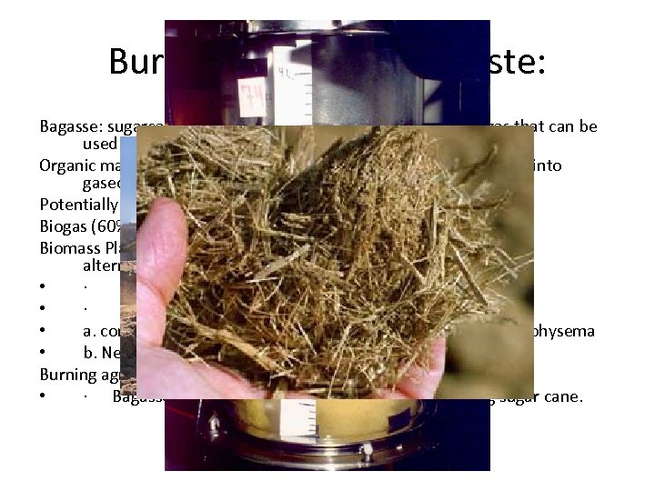 Burning Agriculture Waste: Bagasse: sugarcane residue- low oxygen burning produces a gas that can