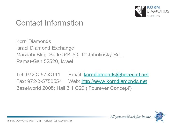 Contact Information Korn Diamonds Israel Diamond Exchange Maccabi Bldg. Suite 944 -50, 1 st