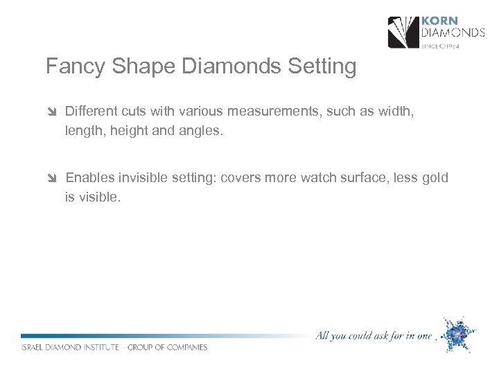Fancy Shape Diamonds Setting î Different cuts with various measurements, such as width, length,
