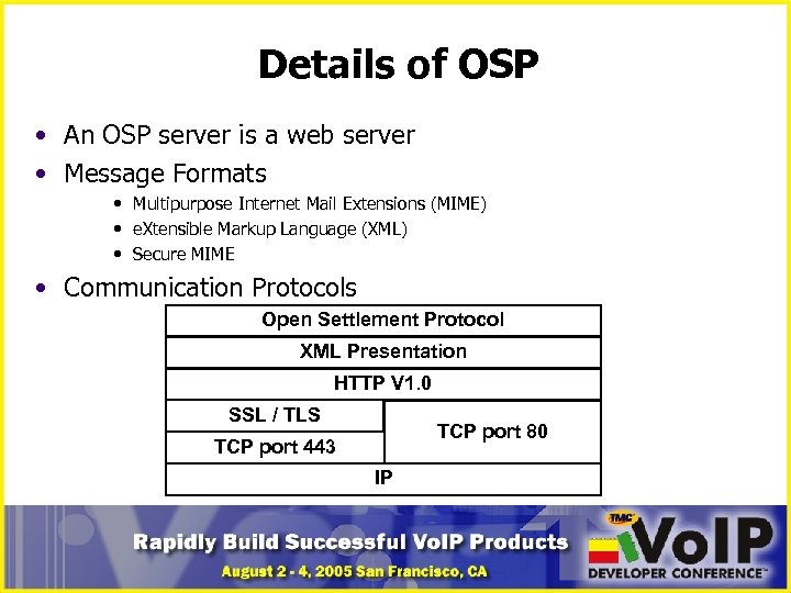 Details of OSP • An OSP server is a web server • Message Formats