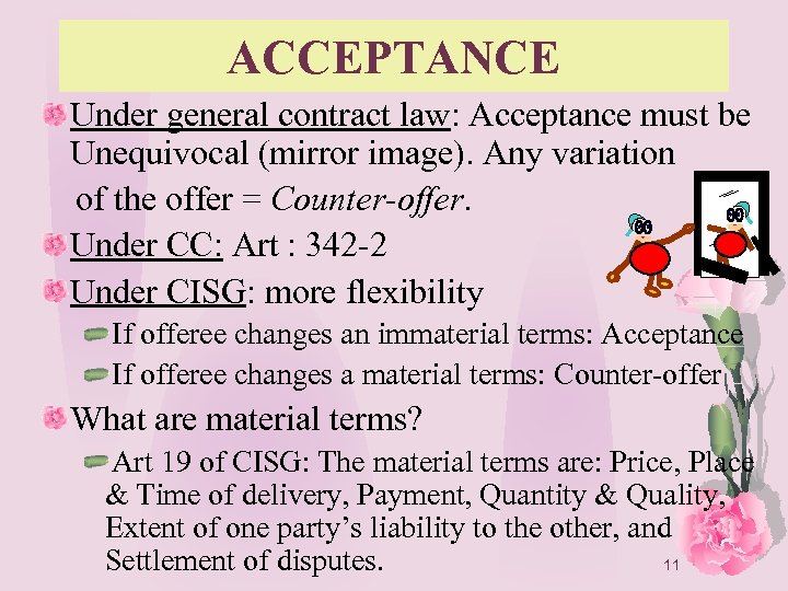 ACCEPTANCE Under general contract law: Acceptance must be Unequivocal (mirror image). Any variation of