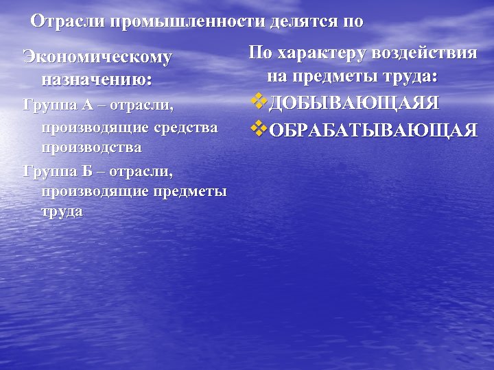 Отрасли промышленности делятся по Экономическому назначению: Группа А – отрасли, производящие средства производства Группа