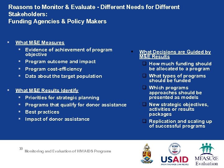 Reasons to Monitor & Evaluate - Different Needs for Different Stakeholders: Funding Agencies &