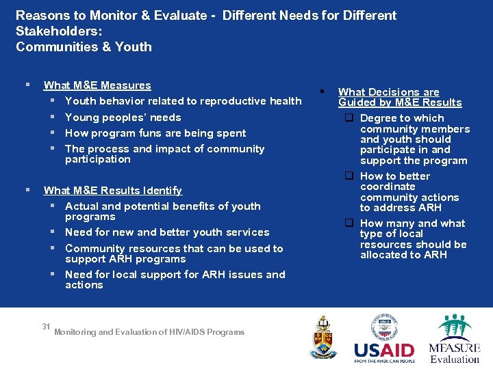 Reasons to Monitor & Evaluate - Different Needs for Different Stakeholders: Communities & Youth