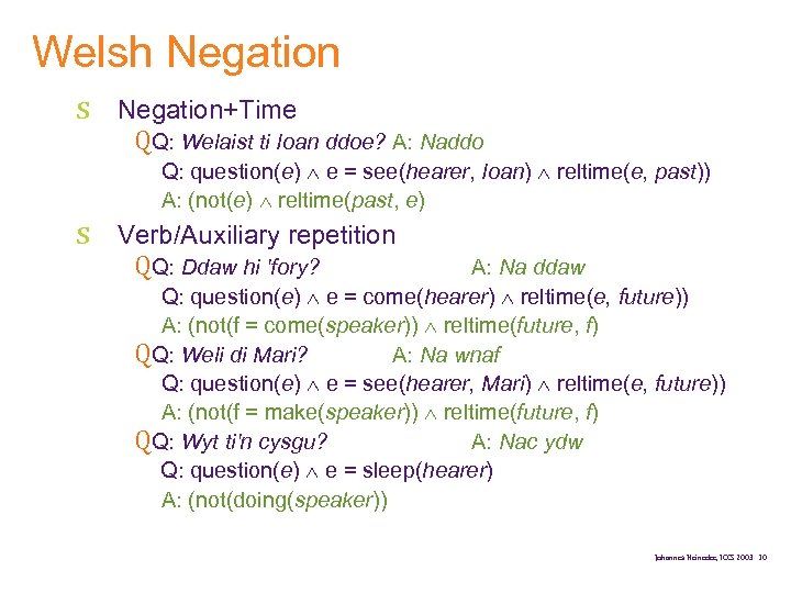 Welsh Negation s s Negation+Time QQ: Welaist ti Ioan ddoe? A: Naddo Q: question(e)