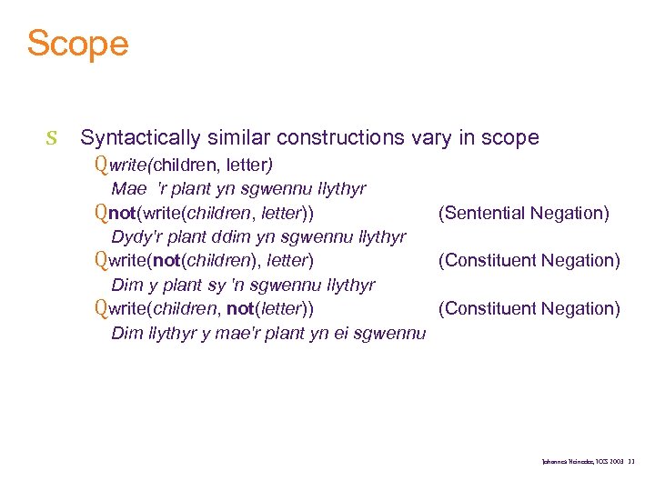 Scope s Syntactically similar constructions vary in scope Qwrite(children, letter) Mae 'r plant yn