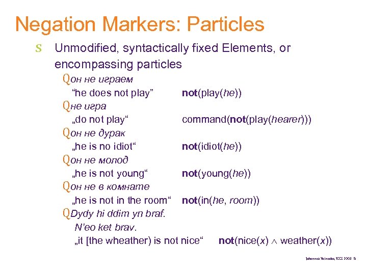 Negation Markers: Particles s Unmodified, syntactically fixed Elements, or encompassing particles Qон не играем