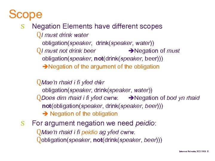 Scope s Negation Elements have different scopes QI must drink water obligation(speaker, drink(speaker, water))