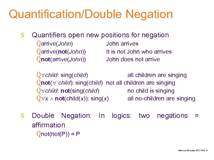 Quantification/Double Negation s Quantifiers open new positions for negation Qarrive(John) John arrives Qarrive(not(John)) It