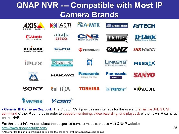 QNAP NVR --- Compatible with Most IP Camera Brands • Generic IP Cameras Support:
