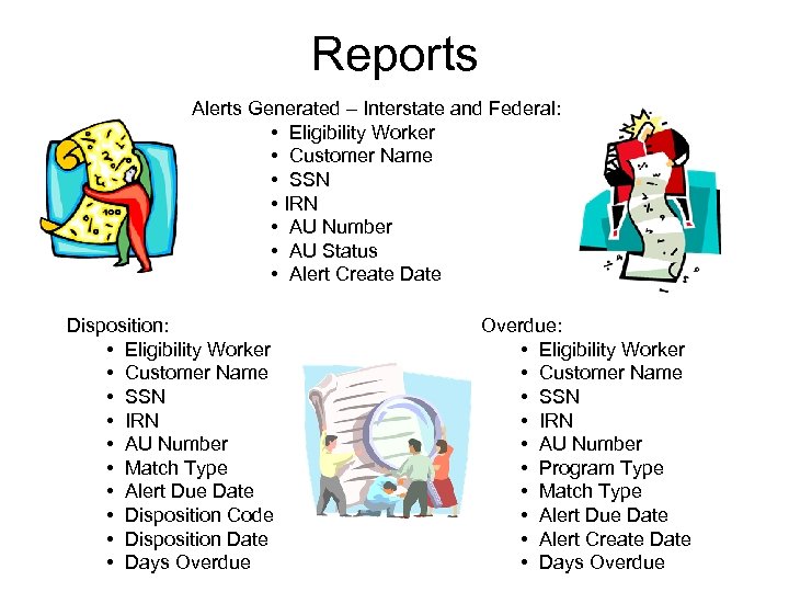 Reports Alerts Generated – Interstate and Federal: • Eligibility Worker • Customer Name •