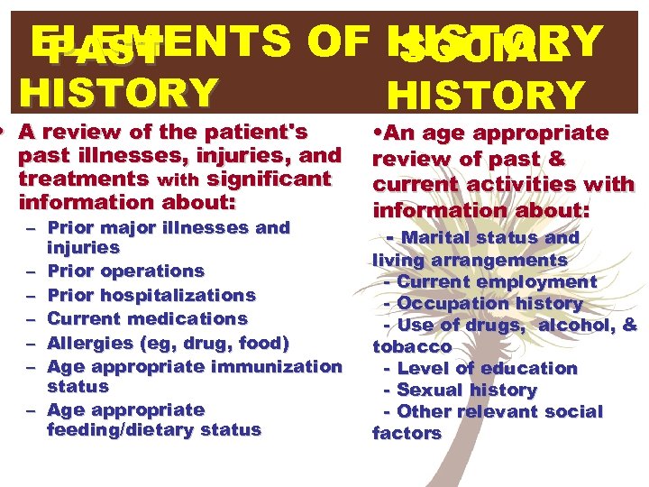 ELEMENTS OF HISTORY SOCIAL PAST HISTORY • A review of the patient's past illnesses,