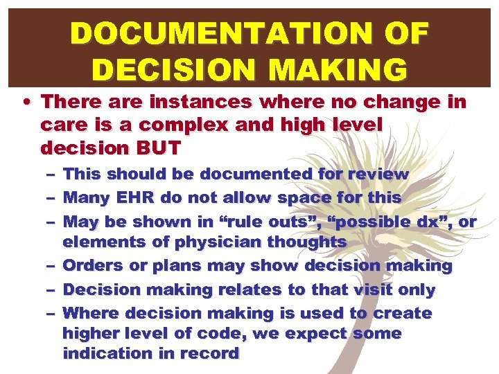 DOCUMENTATION OF DECISION MAKING • There are instances where no change in care is