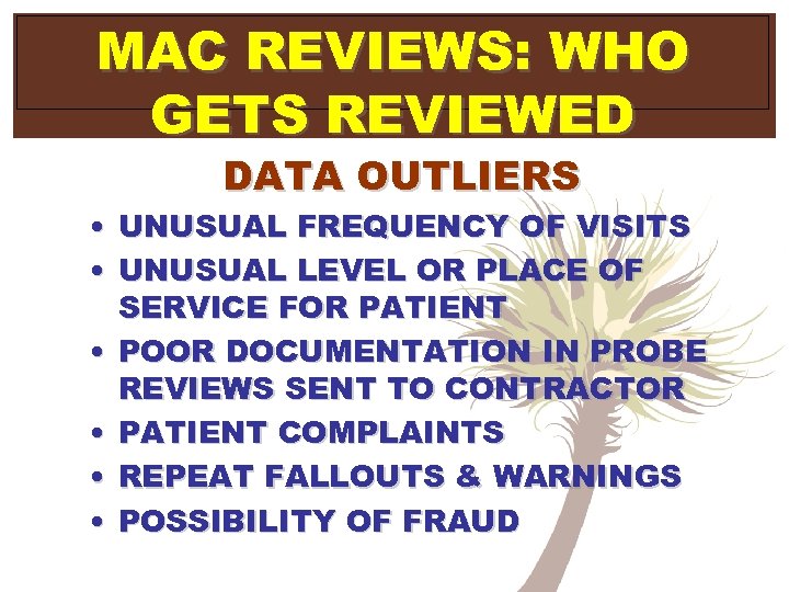 MAC REVIEWS: WHO GETS REVIEWED DATA OUTLIERS • UNUSUAL FREQUENCY OF VISITS • UNUSUAL
