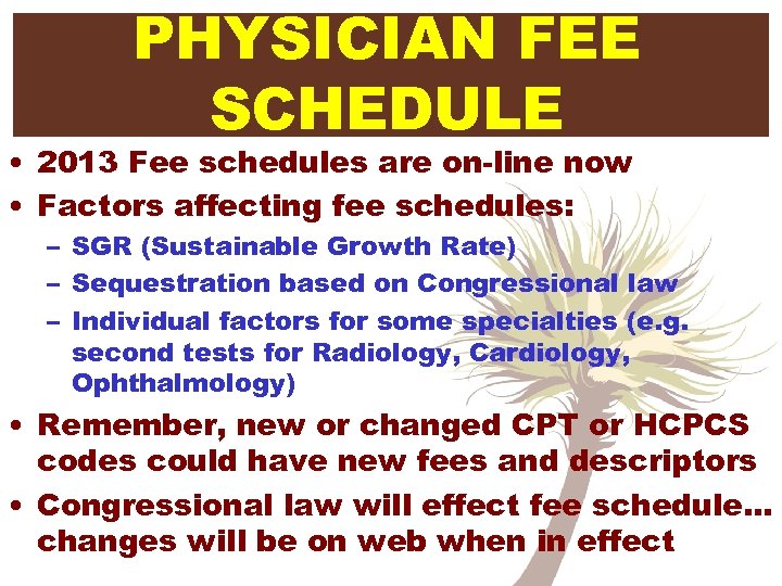 PHYSICIAN FEE SCHEDULE • 2013 Fee schedules are on-line now • Factors affecting fee