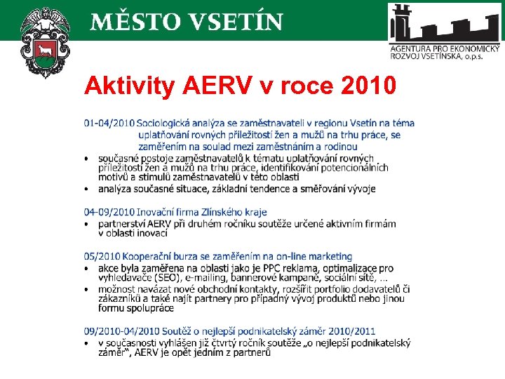 Aktivity AERV v roce 2010 