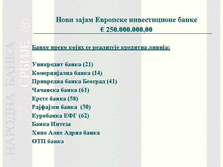 Нови зајам Европске инвестиционе банке € 250. 000, 00 Банке преко којих се реализује