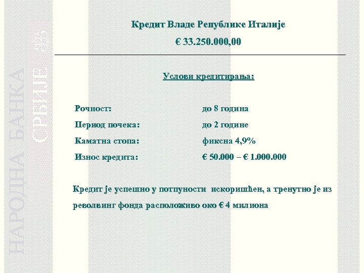 Кредит Владе Републике Италије € 33. 250. 000, 00 Услови кредитирања: Рочност: до 8