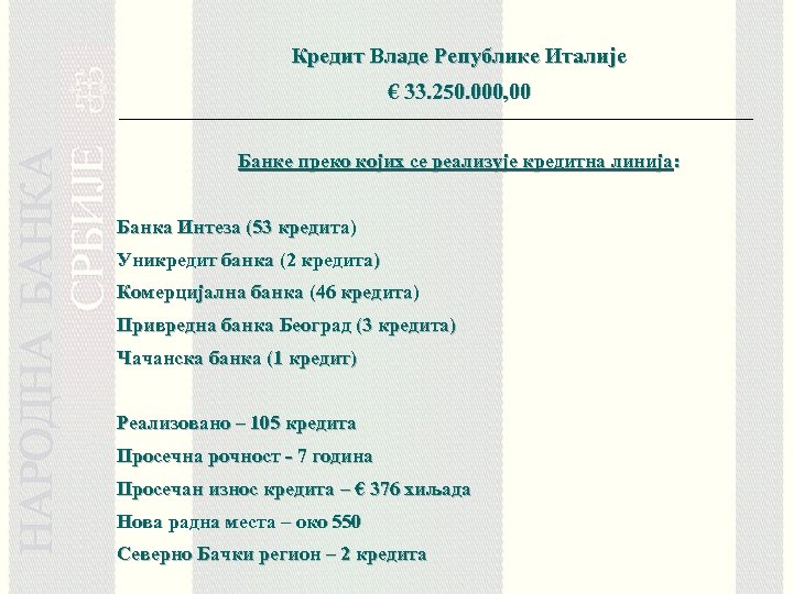 Кредит Владе Републике Италије € 33. 250. 000, 00 Банке преко којих се реализује