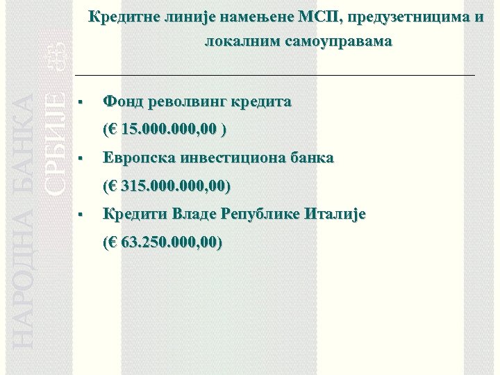 Кредитне линије намењене МСП, предузетницима и локалним самоуправама § Фонд револвинг кредита (€ 15.