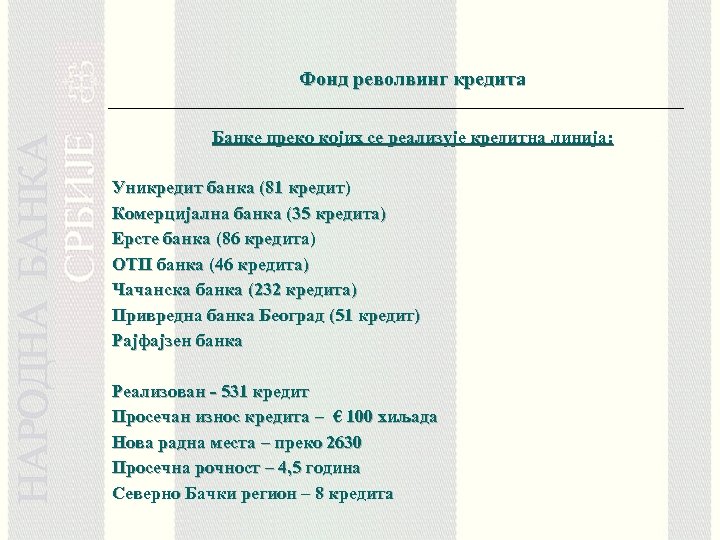 Фонд револвинг кредита Банке преко којих се реализује кредитна линија: Уникредит банка (81 кредит)