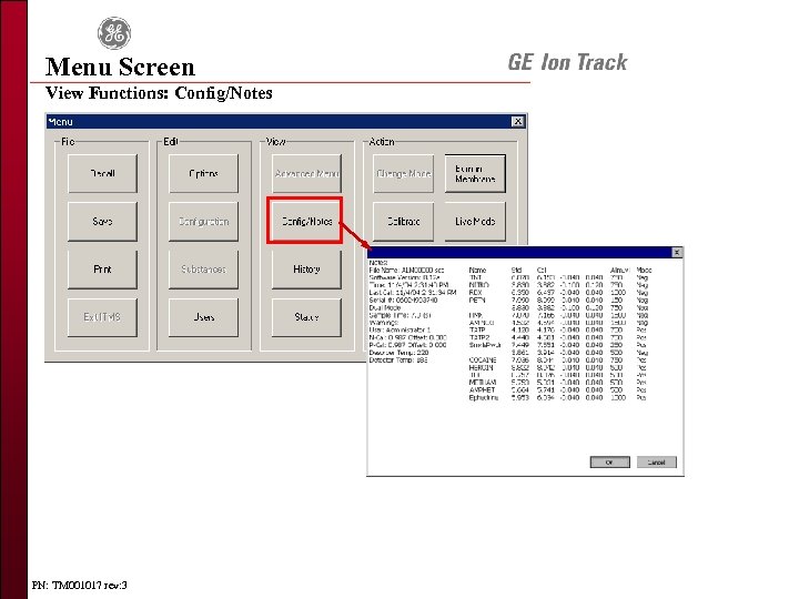 Menu Screen View Functions: Config/Notes PN: TM 001017 rev: 3 