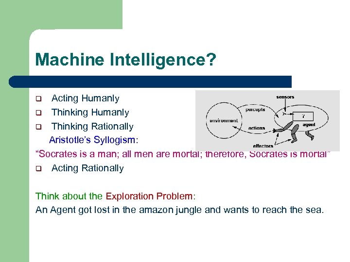 Machine Intelligence? Acting Humanly q Thinking Rationally Aristotle’s Syllogism: “Socrates is a man; all