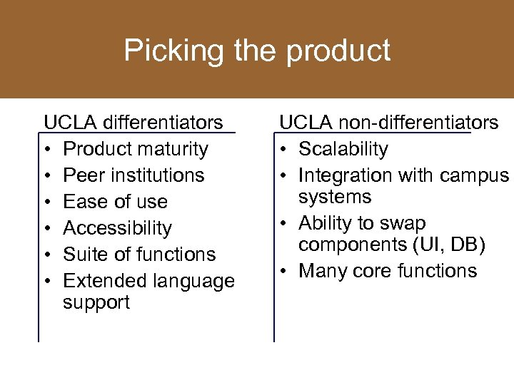 Picking the product UCLA differentiators • Product maturity • Peer institutions • Ease of