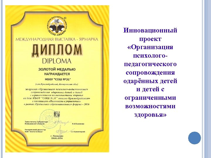 Инновационный проект «Организация психологопедагогического сопровождения одарённых детей и детей с ограниченными возможностями здоровья» 