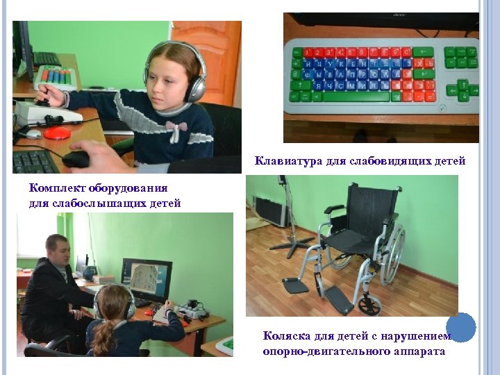 Клавиатура для слабовидящих детей Комплект оборудования для слабослышащих детей Коляска для детей с нарушением